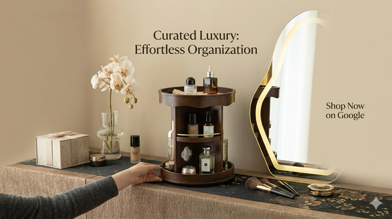 Vintage 360° Rotating Wooden Makeup Organizer – Elegant Vanity Storage with Carved Accents