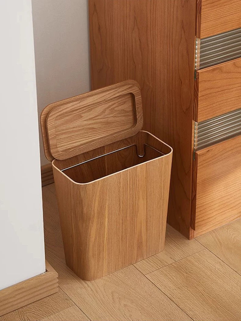 Wooden-Style Trash Bin with Optional Rotating Lid – Modern & Functional Design