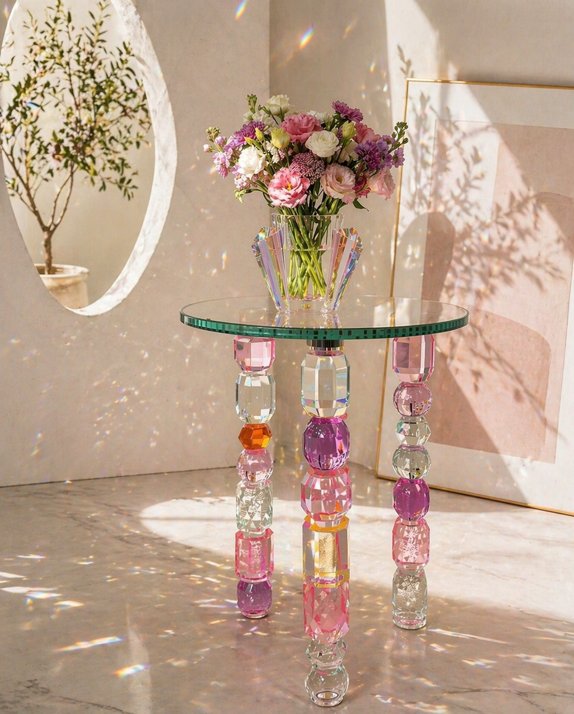 Colorful glass table with a vase of flowers in a softly lit room.