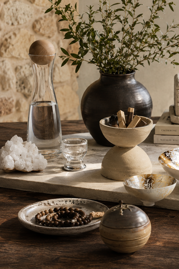 Decorative table setting with various home decor items including a vase, books, and a mug.