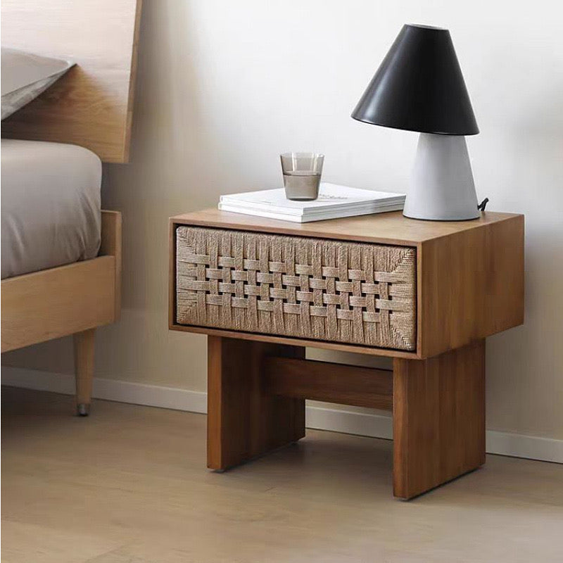 Handwoven Rope Front Wooden Nightstand – Mid-Century Natural Solid Wood Bedside Table