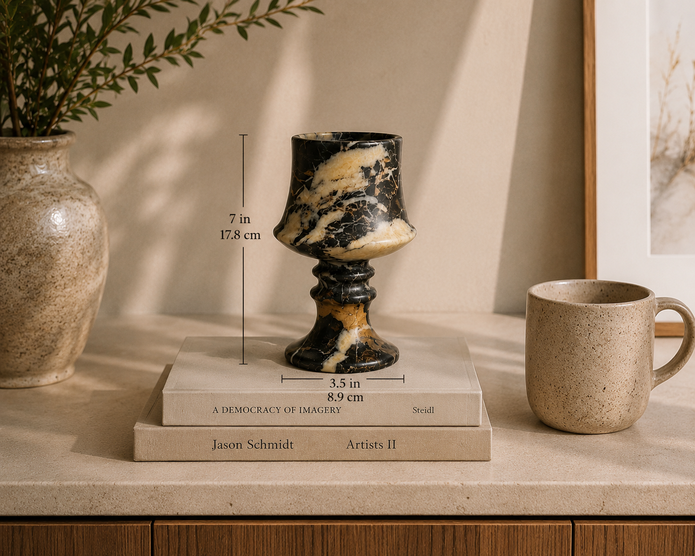 Decorative candle, books, and mug on a surface with measurement details.