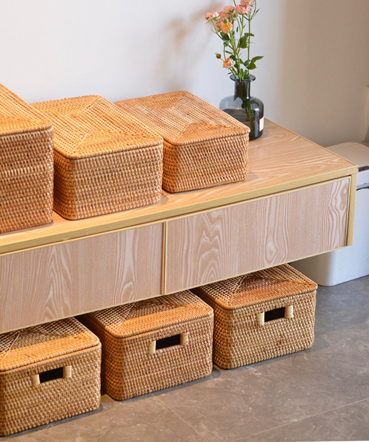 Handmade Woven Rattan Basket with Lid – Multi-Size Storage Box for Bathroom, Closet, or Living Room