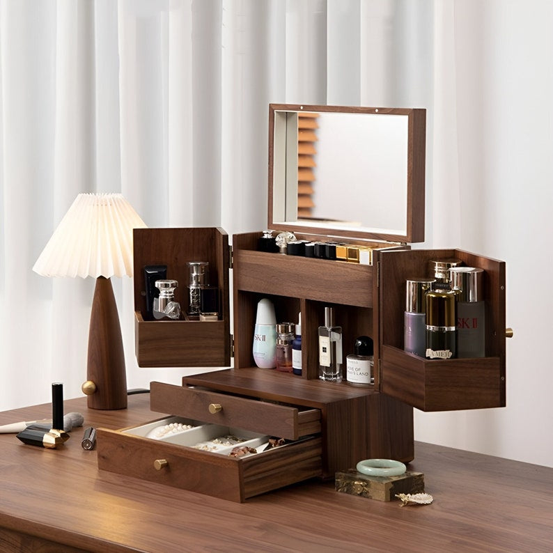 Luxury Solid Walnut Makeup Organizer Box with Drawers and Mirror – Elegant Vanity Storage Cabinet for Jewelry, Cosmetics & Beauty Essentials