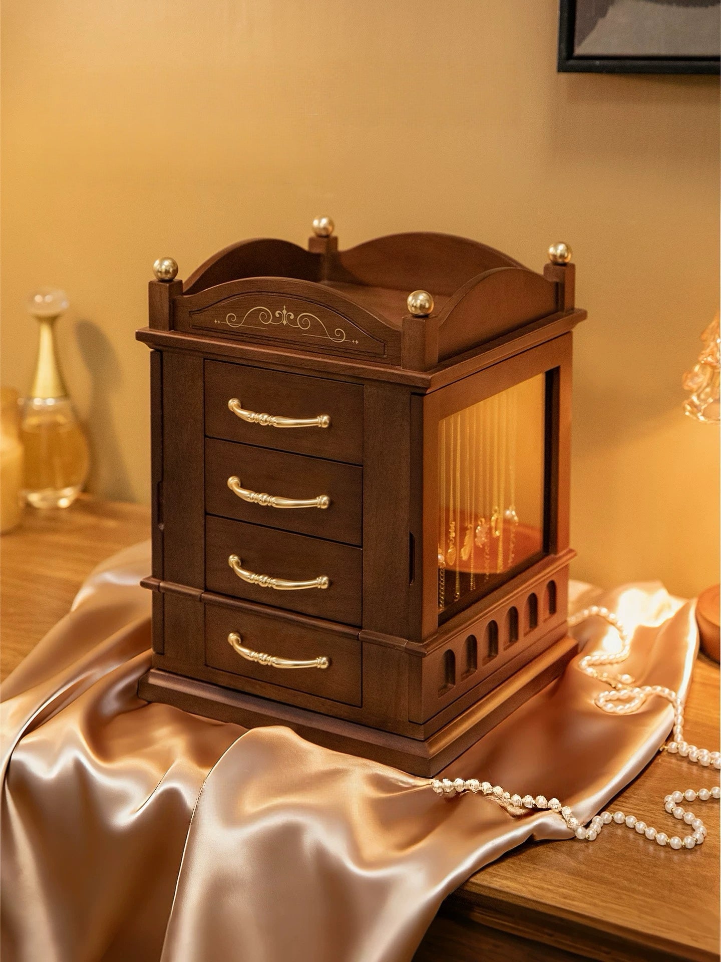 Rotating Wooden Jewelry Organizer with Drawers