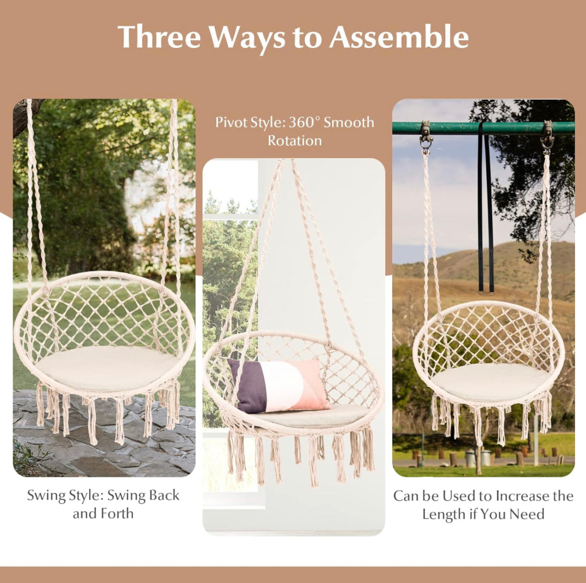 Bohemian Macrame Hammock Chair with Cushion - Indoor/Outdoor Hanging Rope Swing with Hardware Kit & Strap