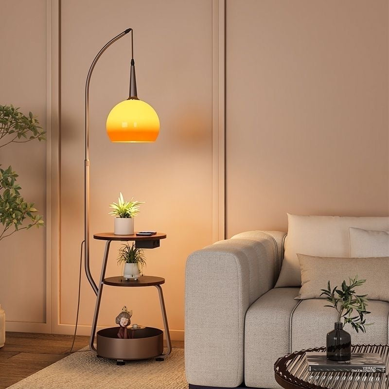 Arc Floor Lamp with Side Table & Shelves – Mid-Century Modern Globe Reading Lamp
