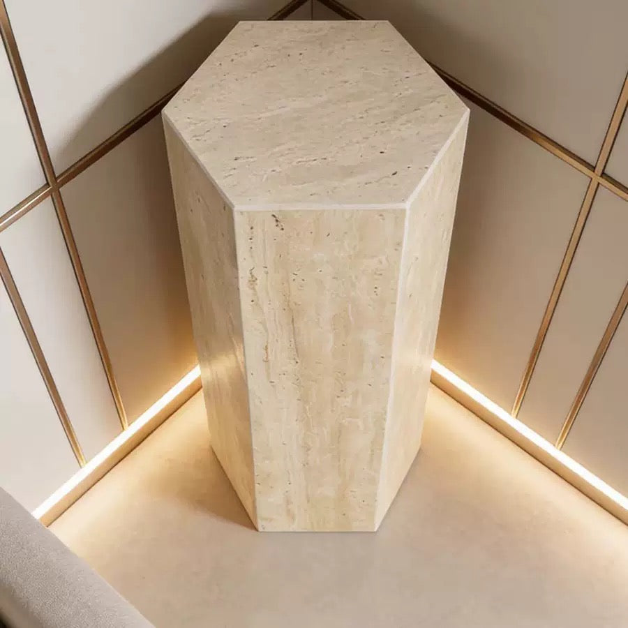 Hexagonal Travertine Pedestal | Natural Stone Display Plinth, Sculpture Stand & Side Table