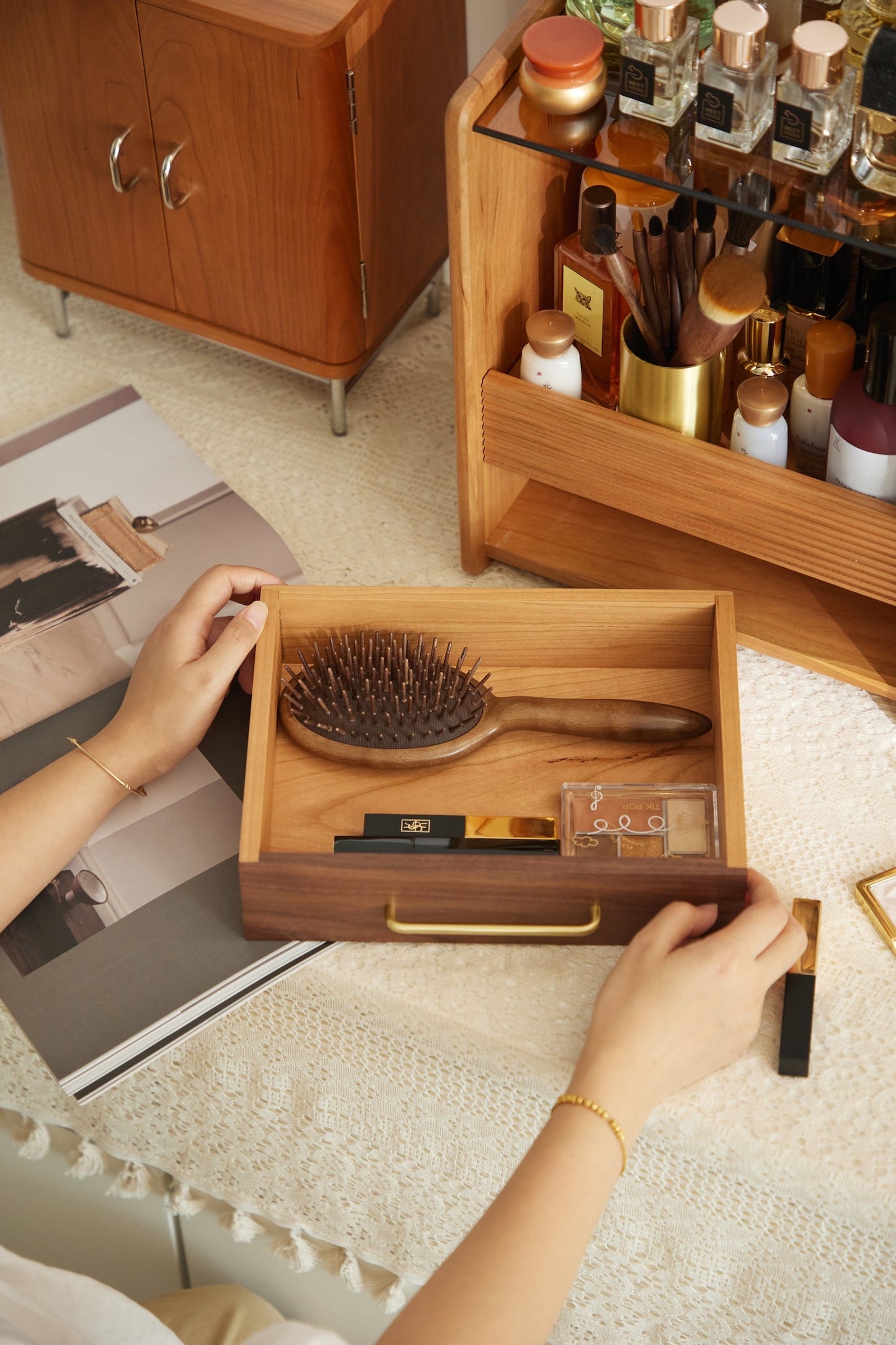 Modern Wood Makeup Organizer – 3-Layer Vanity Storage Box with Drawer