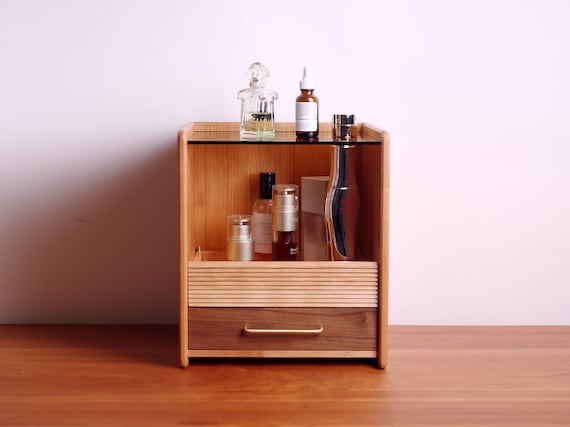 Modern Wood Makeup Organizer – 3-Layer Vanity Storage Box with Drawer