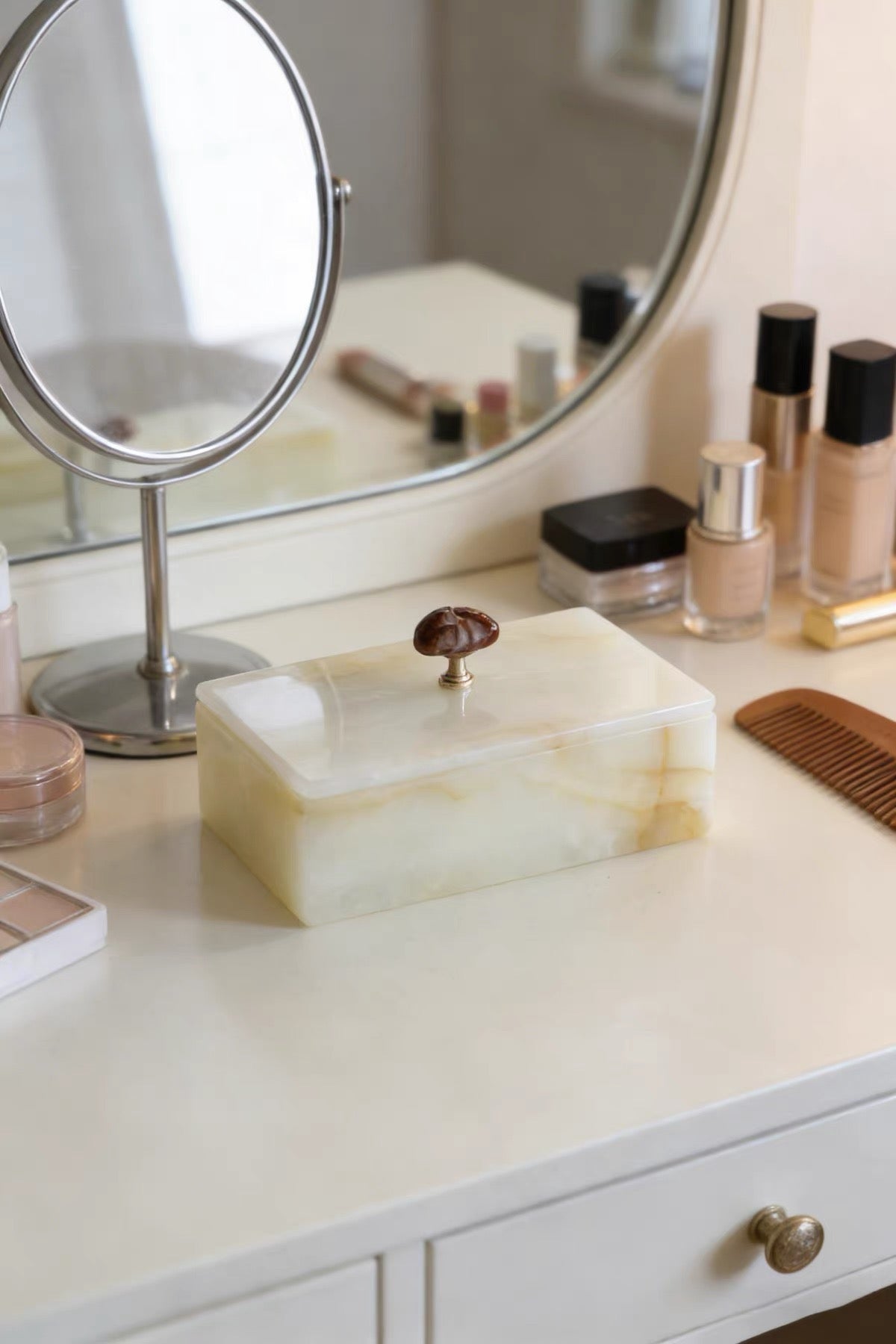 Artisan White Onyx Keepsake Box | Genuine Natural Stone Jewelry Box with Ornate Gold Handle | Unique Luxury Home Deco