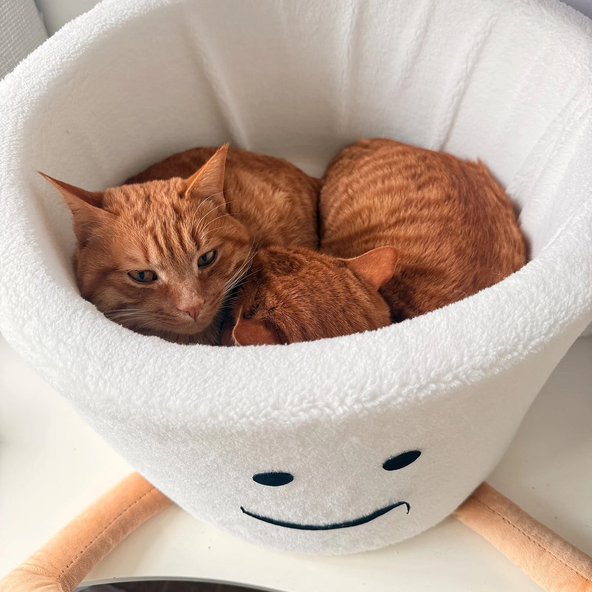 Two orange cats lying inside a white cat bed with a smiley face design.