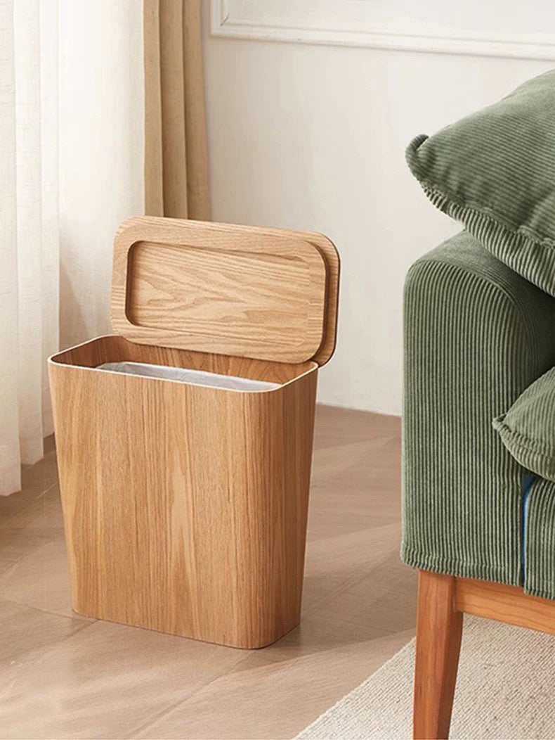 Wooden-Style Trash Bin with Optional Rotating Lid – Modern & Functional Design