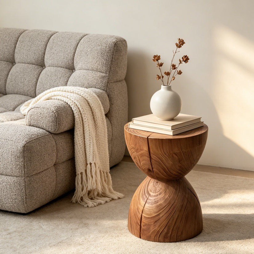 Sculptural Geometric Solid Wood Stool & Side Table