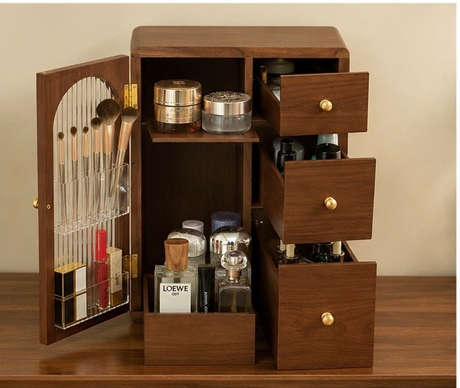 Luxury Wooden Makeup Organizer with Drawers and Brush Holder – Elegant Storage for Cosmetics and Skincare