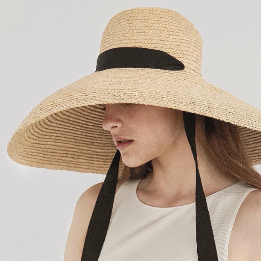 Oversized Wide-Brim Straw Sun Hat β Elegant Raffia Beach Hat with Black Ribbon | Summer UV Protection for Women