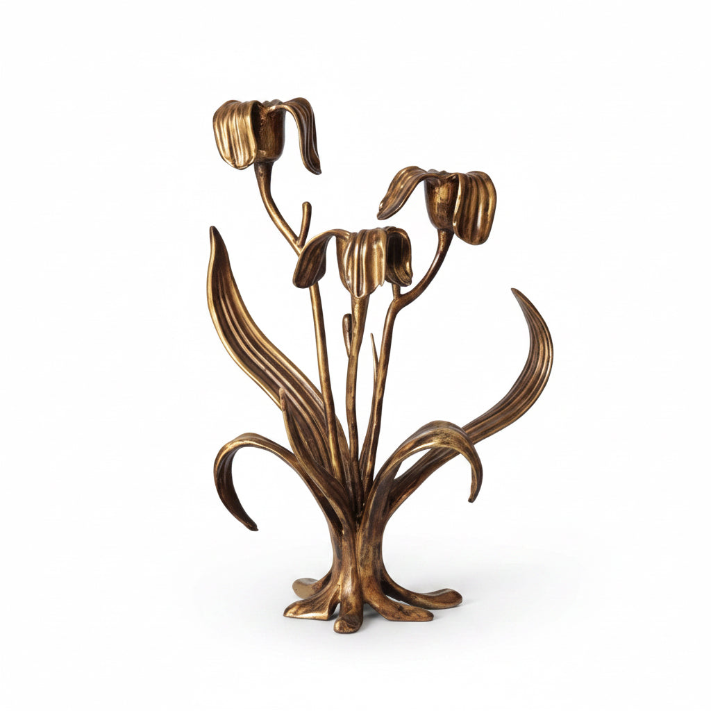 Bronze flower-shaped candle holder on a white background