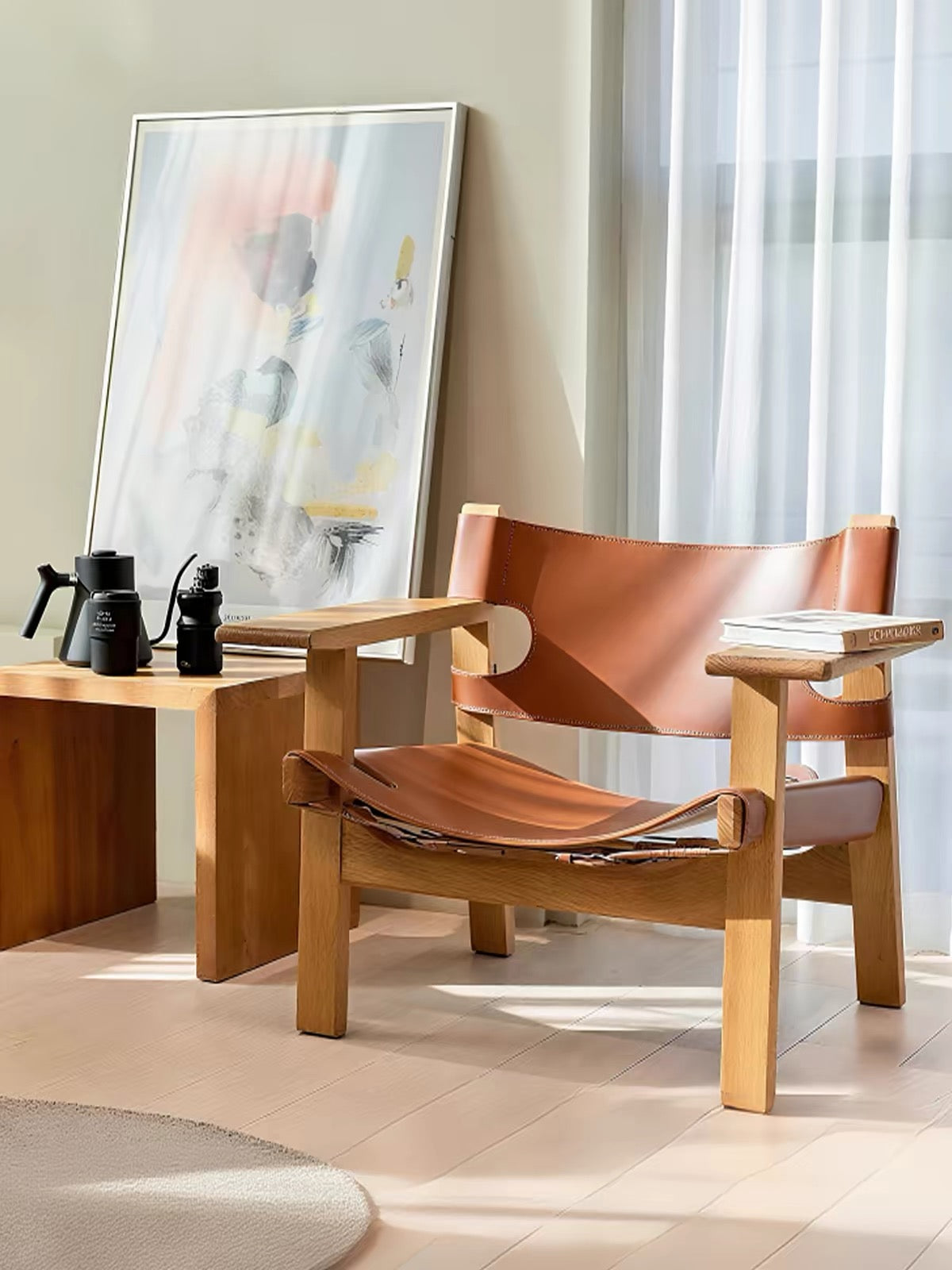 Spanish Chair | Solid Wood & Saddle Leather Sling Lounge Chair