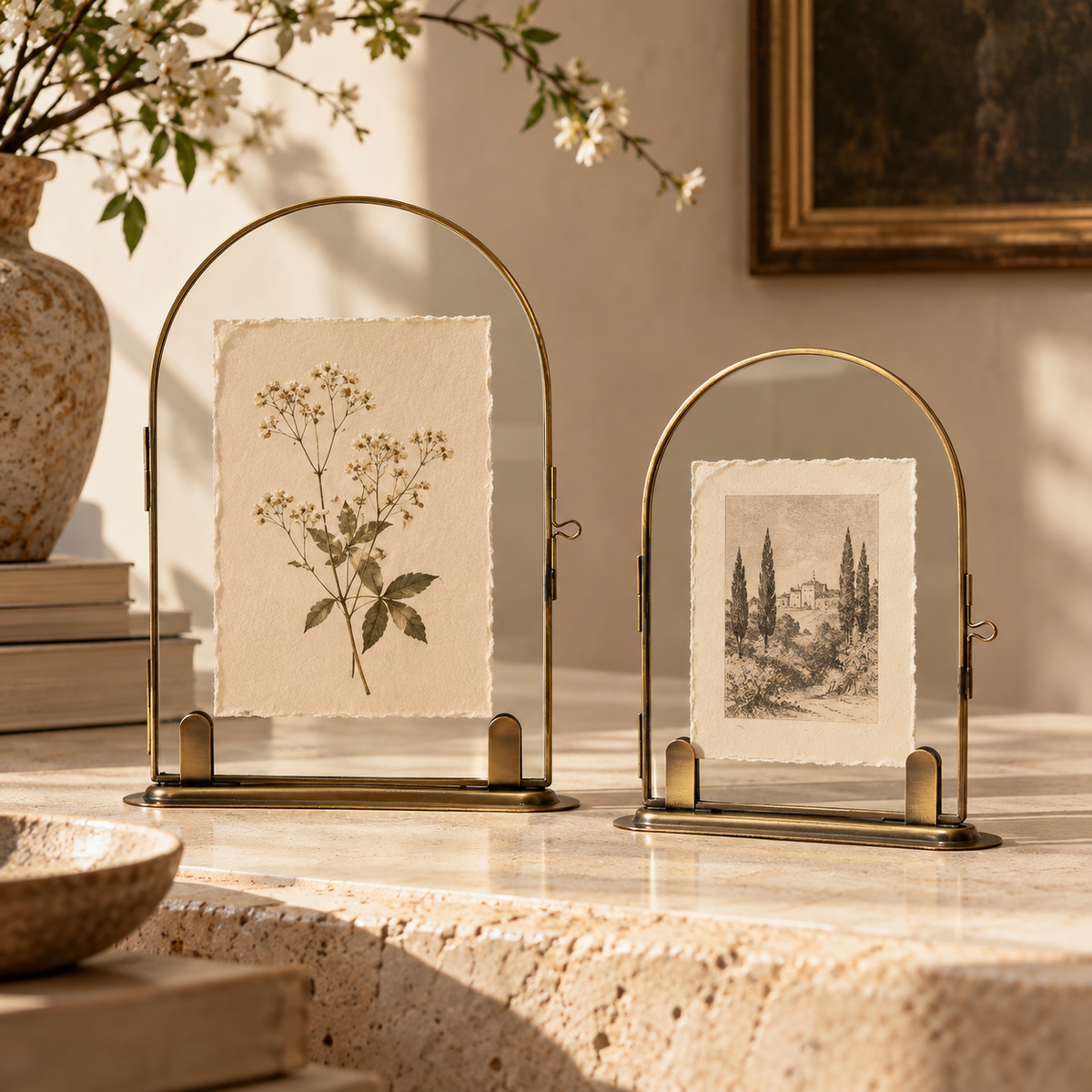 Arched Brass Floating Glass Frame | Vintage Botanical & Pressed Flower Display