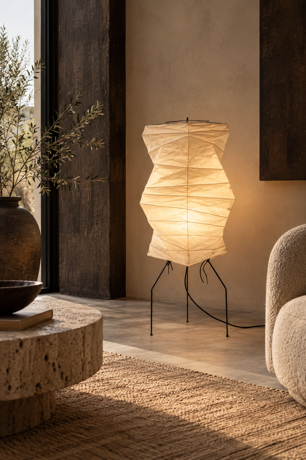 Sculptural Paper Floor Lamp – Small | Wabi Sabi Japanese Ambient Light