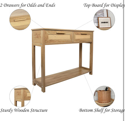 Rattan Accent Console Table with Dual Drawers and Open Shelf, Minimalist Style