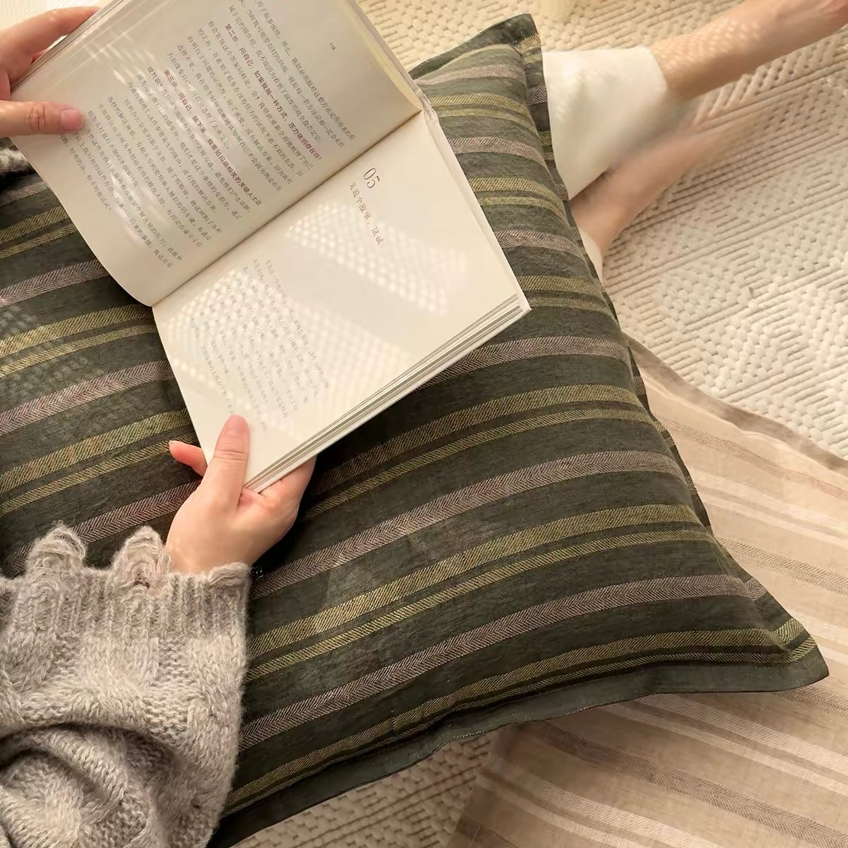 Vintage Linen Stripe Pillow Cover | Plastic-Free Natural Linen Cushion Cover | Japandi & Wabi-Sabi Decorative Pillow Cover