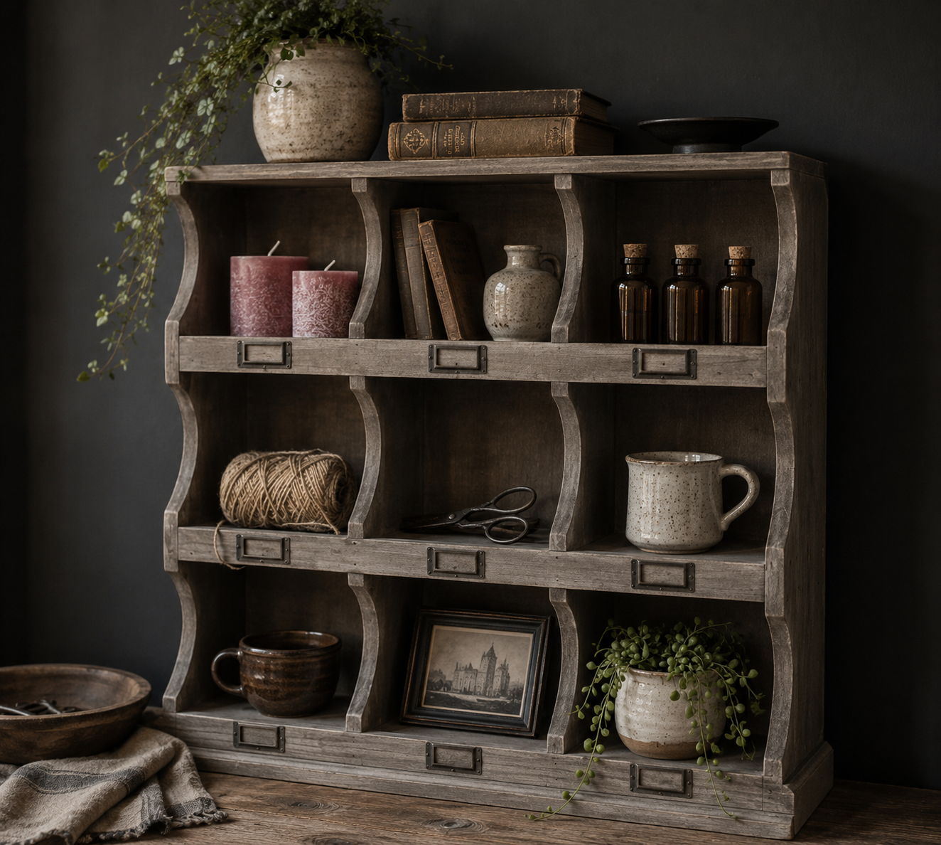 Vintage Wooden Wall Cubby Shelf Organizer – Rustic Display & Storage