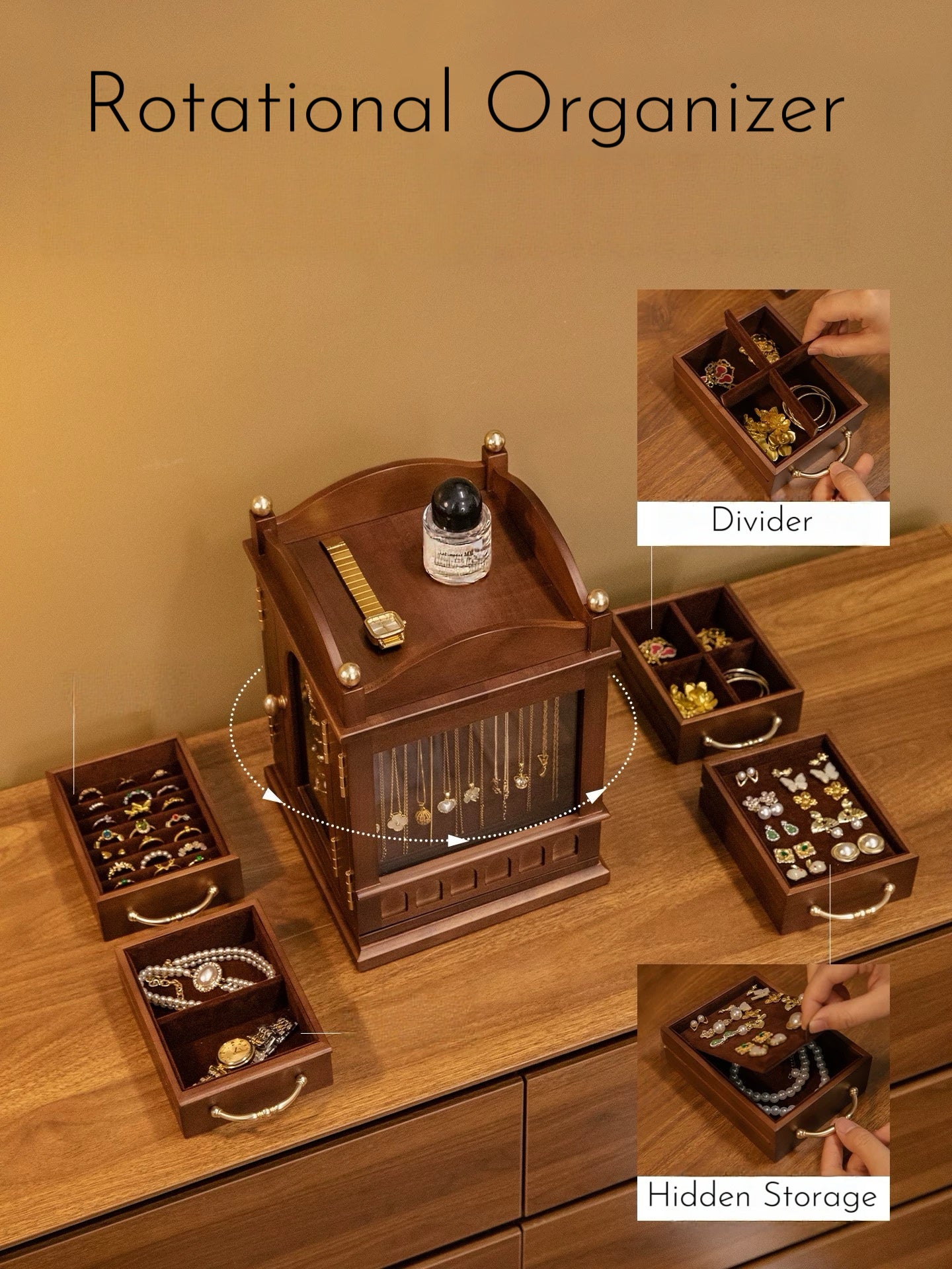 Rotating Wooden Jewelry Organizer with Drawers