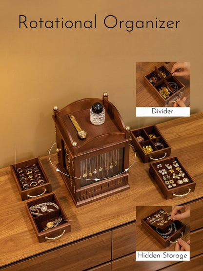 Rotating Wooden Jewelry Organizer with Drawers