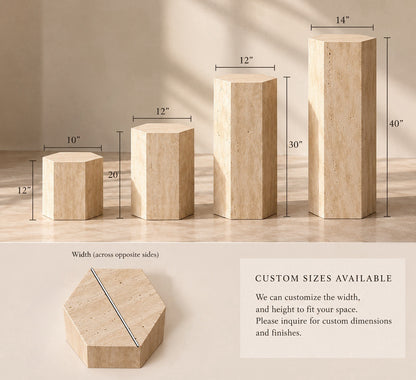 Hexagonal Travertine Pedestal | Natural Stone Display Plinth, Sculpture Stand & Side Table