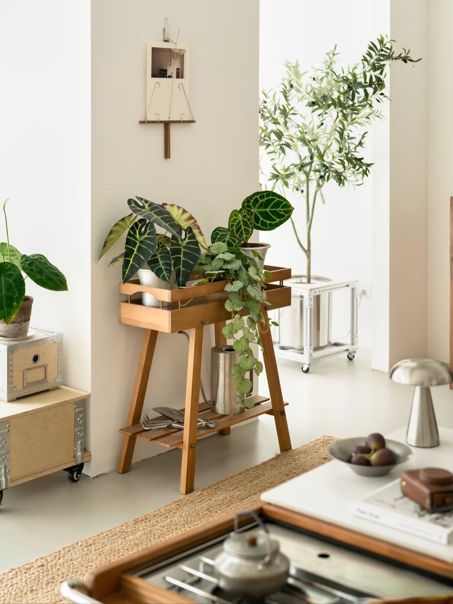 Japandi 2-Tier Solid Wood Plant Stand – Minimalist Indoor Garden Console Wooden Plant Stand – Tray Top Console & Display Shelf