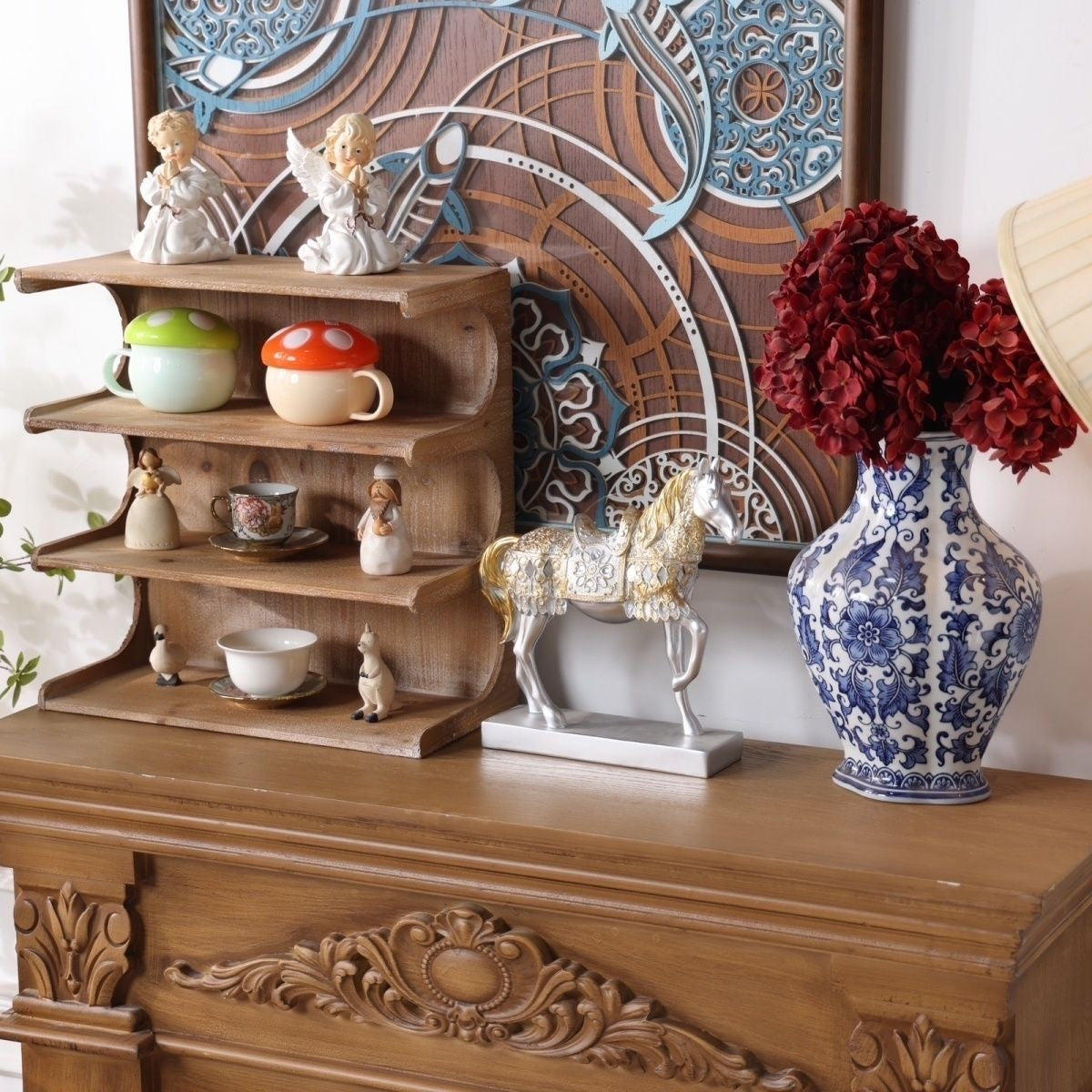 Vintage Maison Scalloped Tiered Wall Shelf | Rustic Pine Display Riser