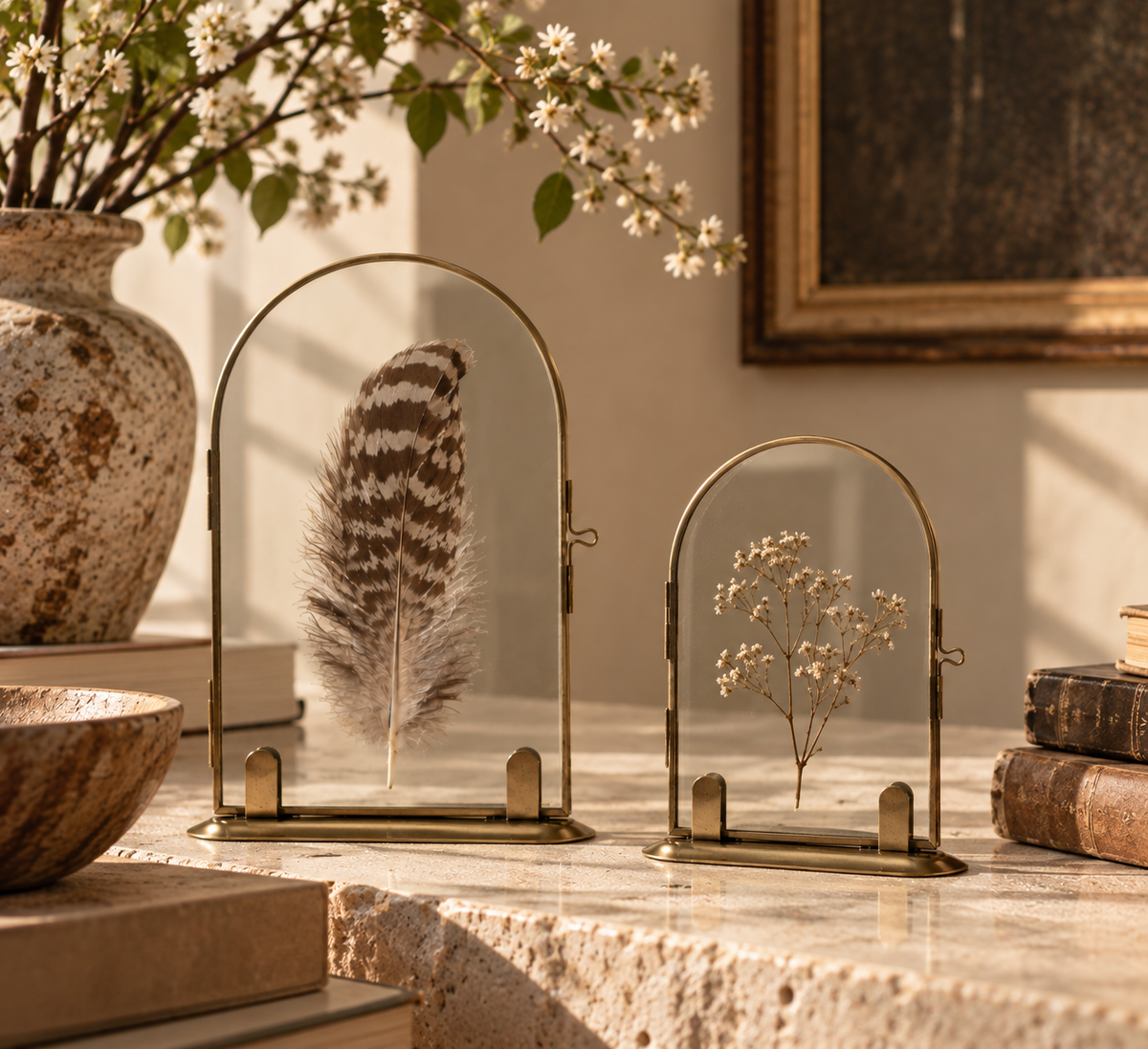 Arched Brass Floating Glass Frame | Vintage Botanical & Pressed Flower Display