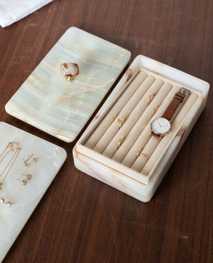 Artisan White Onyx Keepsake Box | Genuine Natural Stone Jewelry Box with Ornate Gold Handle | Unique Luxury Home Deco