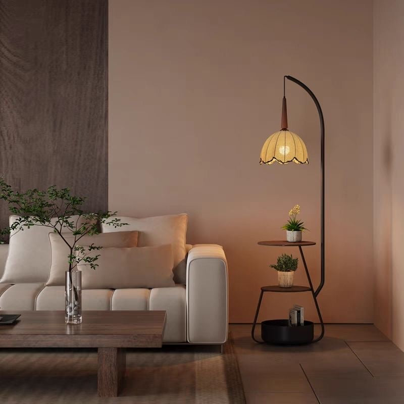 Scalloped Floor Lamp with Side Table & Shelves | Vintage Arc Lamp