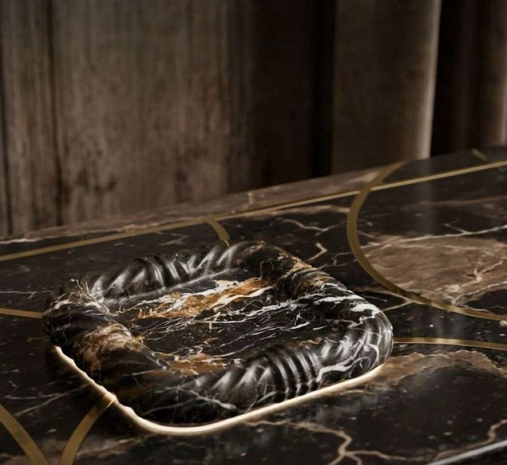 Hand-Carved Twisted Rope Marble Tray | Sculptural Onyx Catchall & Decorative Centerpiece | Luxury Artisan Stone Deco