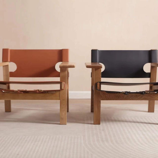 Solid Wood & Faux Leather Sling Lounge Chair