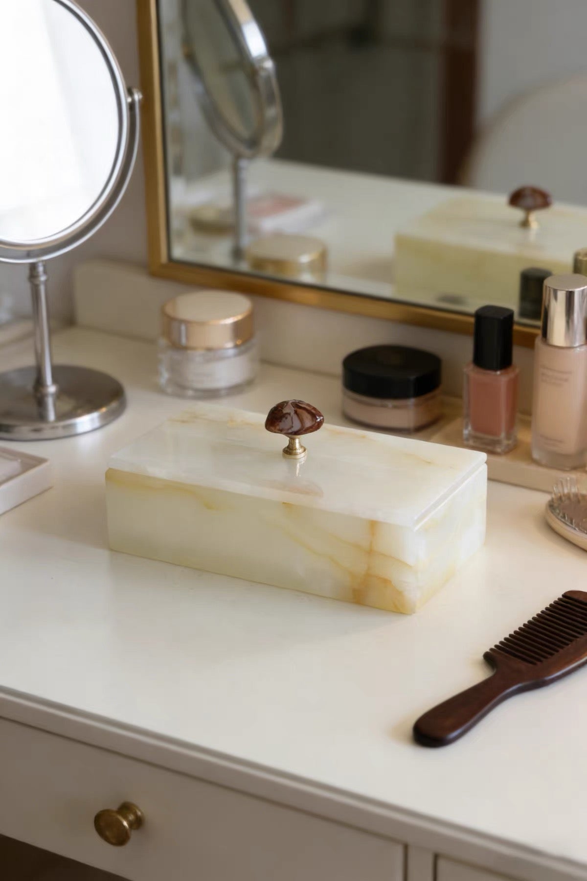 Artisan White Onyx Keepsake Box | Genuine Natural Stone Jewelry Box with Ornate Gold Handle | Unique Luxury Home Deco