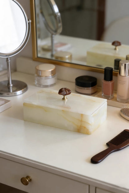 Artisan White Onyx Keepsake Box | Genuine Natural Stone Jewelry Box with Ornate Gold Handle | Unique Luxury Home Deco