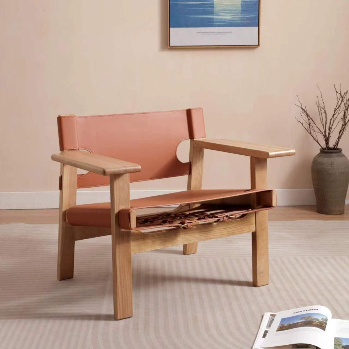 Solid Wood & Leather Sling Lounge Chair