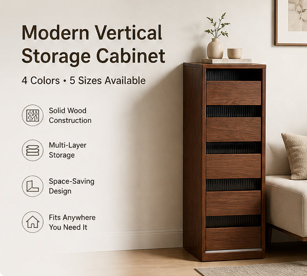 Modern Solid Wood Vertical Storage Cabinet, Slim 11.8" Wide Tower Chest of Drawers, Space-Saving Multi-Layer Organizer for Bedroom, Living Room, Entryway, and Office – 5 Sizes & 4 Finis