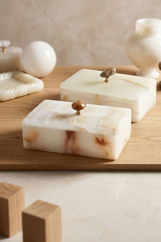 Artisan White Onyx Keepsake Box | Genuine Natural Stone Jewelry Box with Ornate Gold Handle | Unique Luxury Home Deco