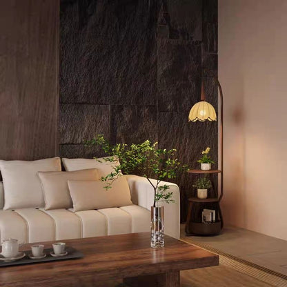AUSI Scalloped Arc Floor Lamp with Side Table | Vintage Petal Shade