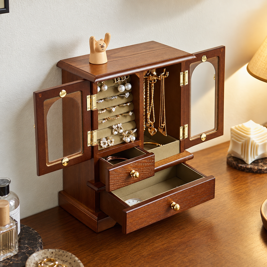 Solid Wood Jewelry Organizer Cabinet & Drawers | Vintage Walnut Jewelry Box