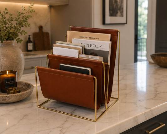 Luxury Leather Magazine Rack Organizer with Gold Metal Frame