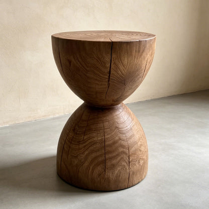 Sculptural Geometric Solid Wood Stool & Side Table