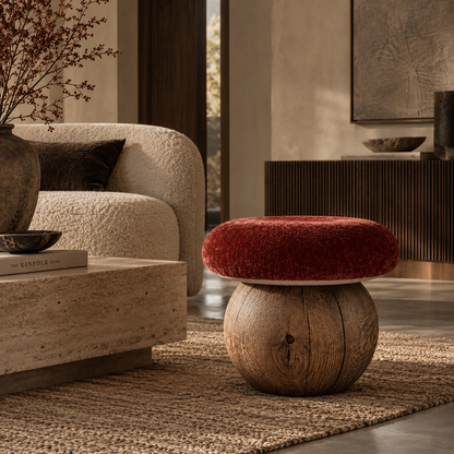 Ausi rustic wooden stool with a round, plush deep red velvet cushion, styled in a warm, modern living room next to a textured beige sofa and stone coffee table.