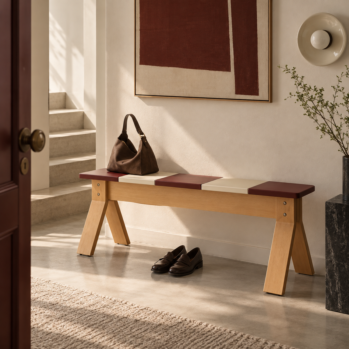 A light wood entryway bench with blocky seat cushions in cream and burgundy, styled in a sunlit room with a brown leather bag, shoes, rug, and wall art.