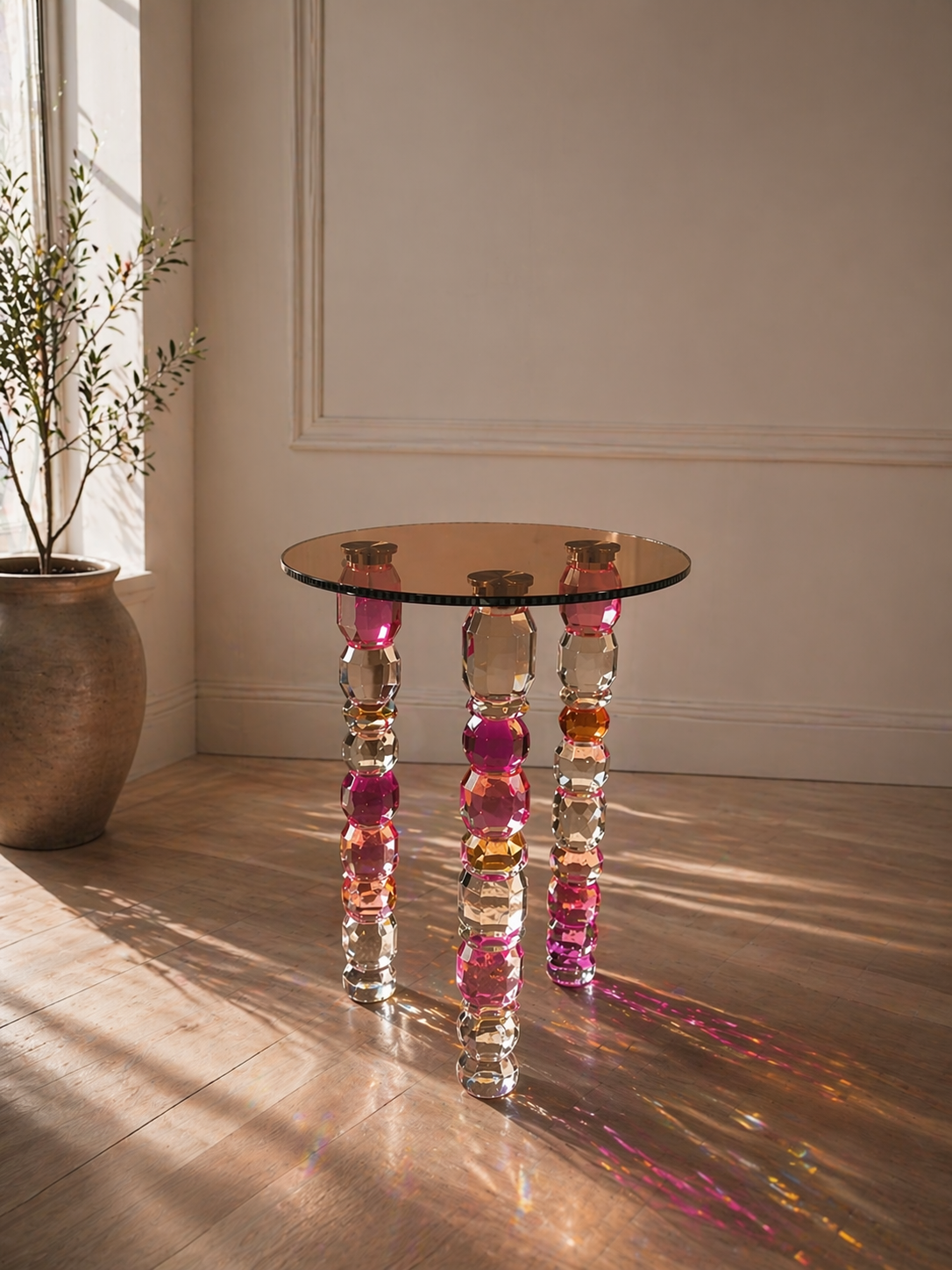 Glass table with colorful cylindrical legs in a room with wooden floor and white wall.