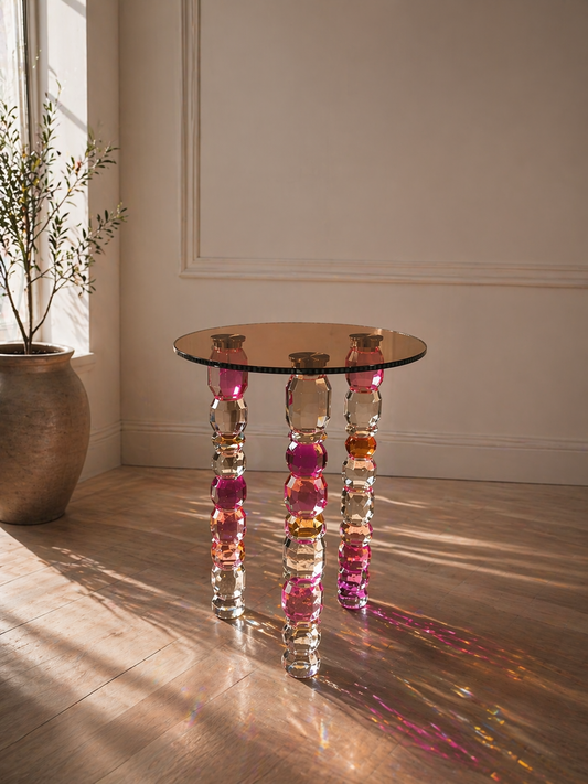 Glass table with colorful cylindrical legs in a room with wooden floor and white wall.